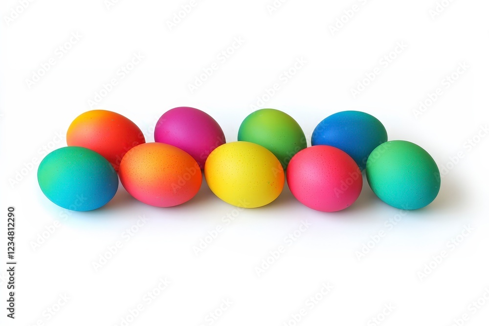 Vibrant Colorful Easter Eggs in a Row on a White Surface Vibrant Colorful Easter Eggs in a Row on a White Surface