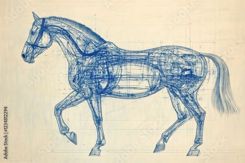 Intricate blueprint of a horse showing anatomical design details