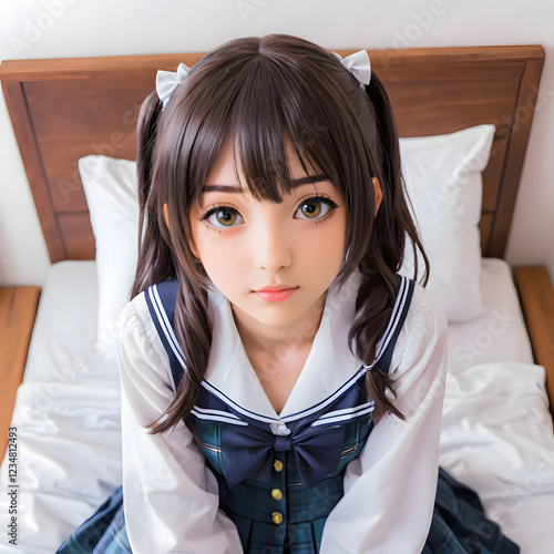 Pretty anime school girl in the bed looking at you. A Young Woman in a Sailor Frock Coat Posing on a Bed photo