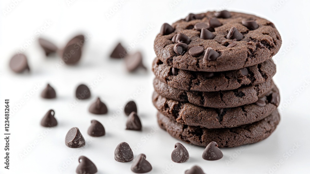 Stack of Chocolate Chip Cookies with Chocolate Chips Scattered Around Stack of Chocolate Chip Cookies with Chocolate Chips Scattered Around