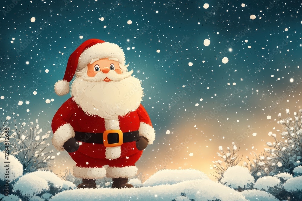 A cheerful Santa Claus stands in a snowy landscape, surrounded by falling snowflakes. A cheerful Santa Claus stands in a snowy landscape, surrounded by falling snowflakes.