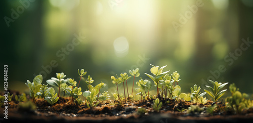 Lush green seedlings bask in soft sunlight, symbolizing fresh beginnings and growth in a serene forest setting. photo