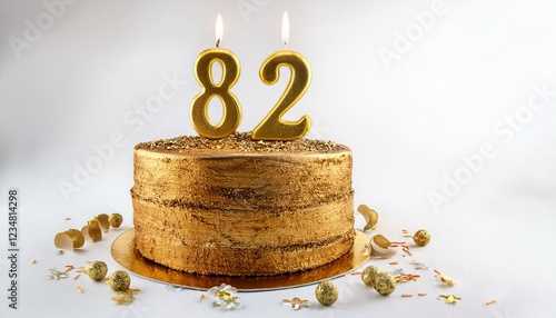 Decorated gold cake for birthday or anniversary party, candle number 82, white background