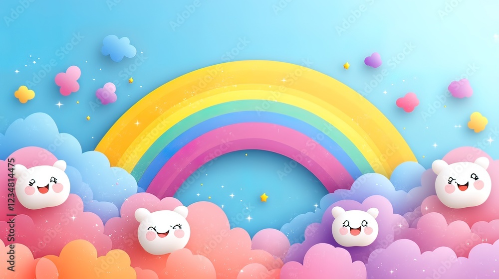 Happy Clouds Rainbow Sky Cute Cartoon Bears Happy Clouds Rainbow Sky Cute Cartoon Bears