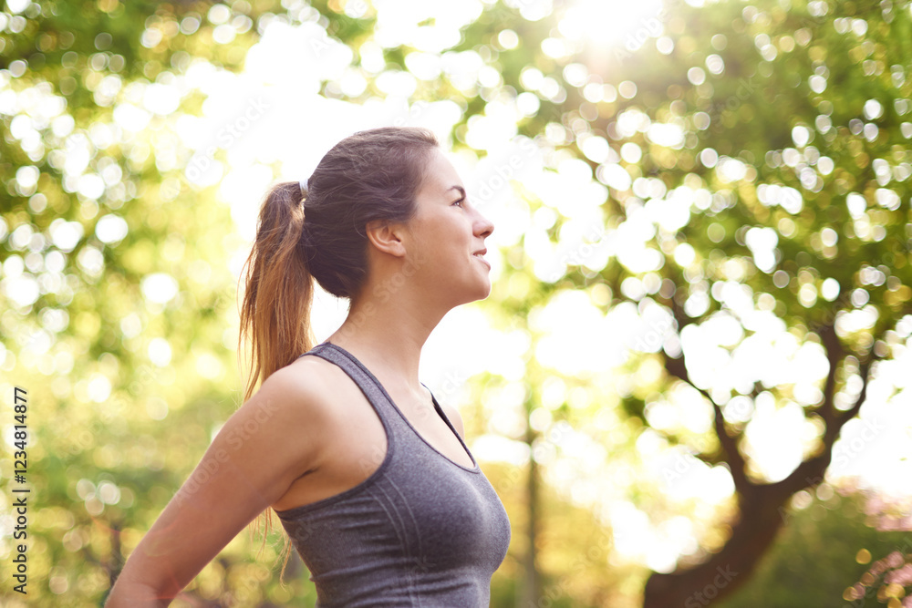 Profile, fitness and woman in park, wellness and training for marathon, challenge and routine. Person, runner and healthy athlete with sportswear, nature and exercise with practice and endurance Profile, fitness and woman in park, wellness and training for marathon, challenge and routine. Person, runner and healthy athlete with sportswear, nature and exercise with practice and endurance
