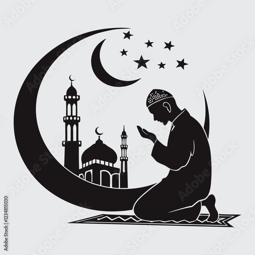 A man praying inside a mosque, with a crescent moon glowing behind him silhouette image vector art and illustration