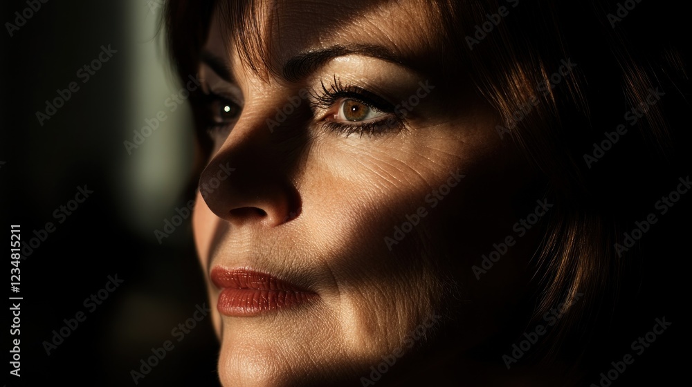 Close-up of a Woman's Face with Light and Shadow Close-up of a Woman's Face with Light and Shadow