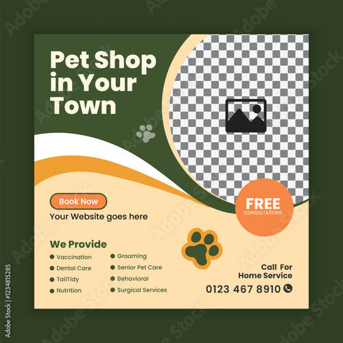 Pet shop, Healthcare and grooming Service Center Social Media Post Design or Pet Business Facebook and Instagram Post Square Banner Template