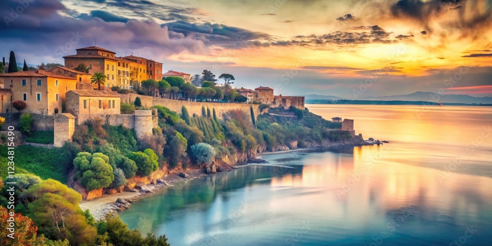 Obraz premium Populonia's ancient past and present coastline blend in an AI-generated double exposure, a captivating visual.