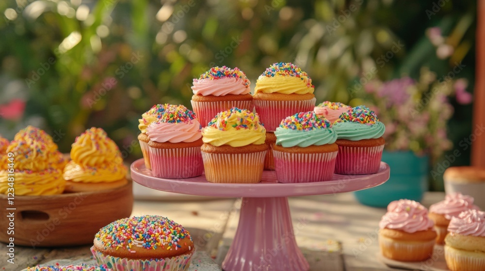 Colorful Cupcakes Displayed On A Pink Cake Stand Colorful Cupcakes Displayed On A Pink Cake Stand
