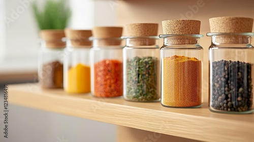 Colorful jar of spices line a wooden shelf, showcasing vibrant hues against a blurred background photo