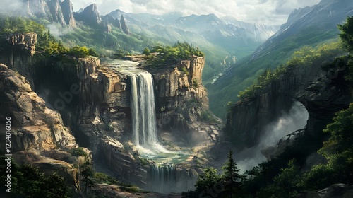 Majestic Waterfall Cascading Through Rugged Mountain Landscape - Breathtaking Nature