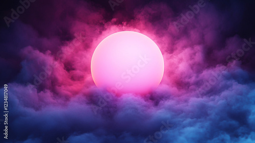 Colorful round sun in misty purple clouds.