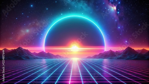 Retrofuturistic landscape with glowing neon lights, a grid, and a vibrant sunrise
