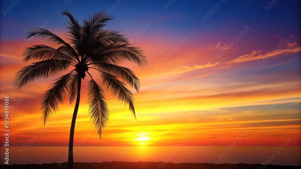 A solitary palm tree stands tall against a breathtaking sunset, its silhouette casting a long shadow on the tranquil ocean surface. A solitary palm tree stands tall against a breathtaking sunset, its silhouette casting a long shadow on the tranquil ocean surface.