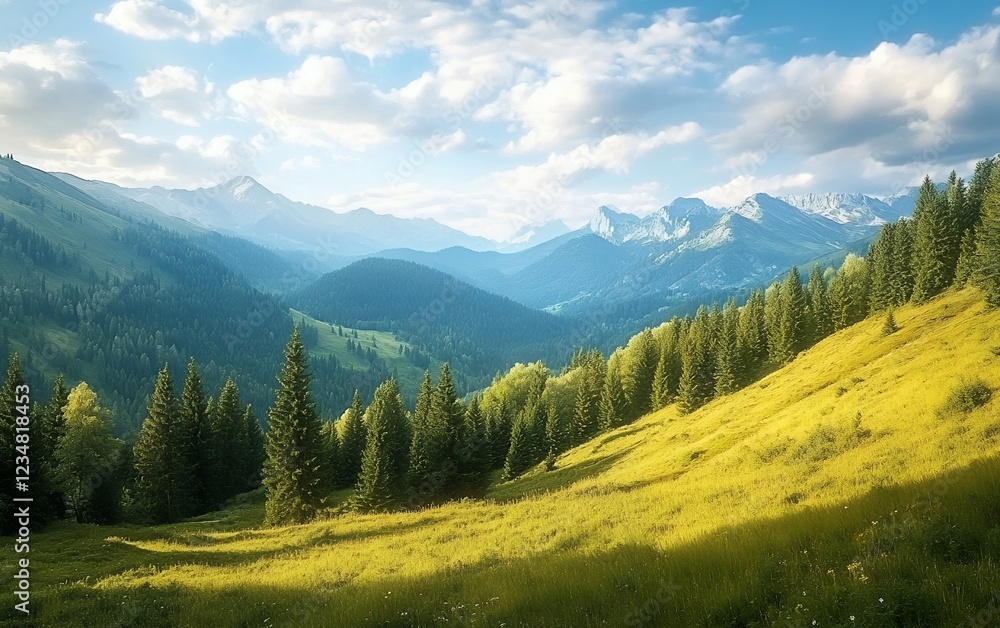 Fototapeta premium Breathtaking panoramic mountain landscape with vibrant green forests, blue skies, and rolling hills under soft sunlight