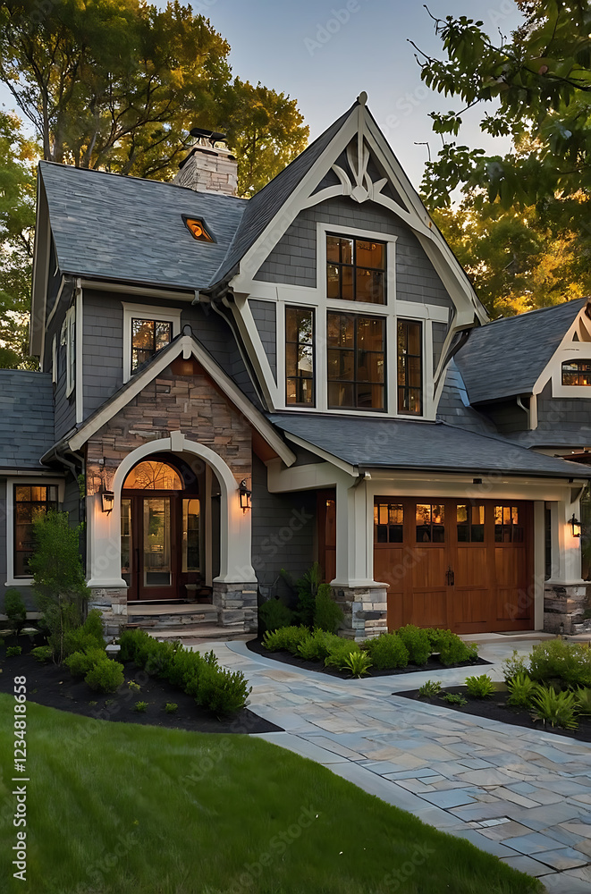 Luxury Modern Home Exterior Design: Gray House with Stone Accents and Landscaping Luxury Modern Home Exterior Design: Gray House with Stone Accents and Landscaping
