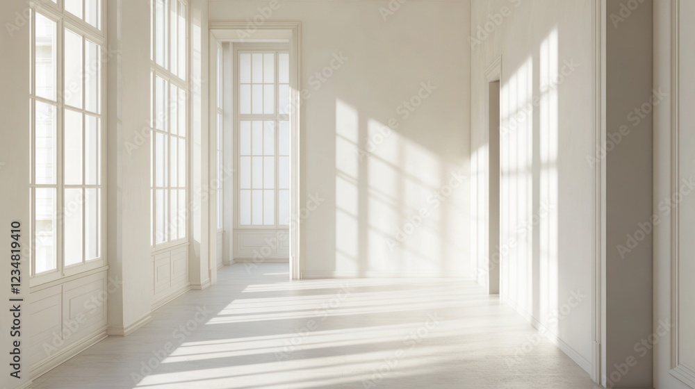 Fototapeta premium Empty White Room with Sunlight Streaming Through Windows