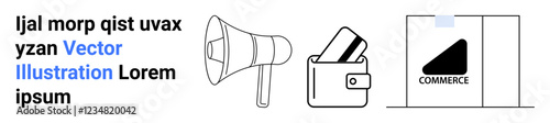Megaphone for marketing, wallet with credit cards for finance, and e-commerce package for online shopping. Ideal for campaigns, promotions, digital business, online payment systems, financial
