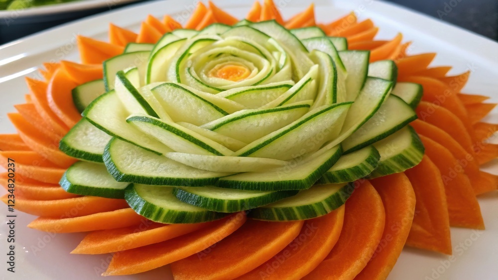 Obraz premium Thinly sliced cucumbers arranged in the shape of a blooming rose rest on a bed of carved carrot petals, creating an edible work of art on a white plate