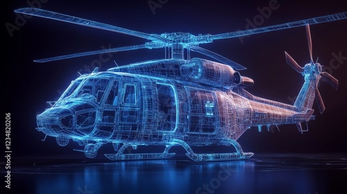 A wireframe helicopter showcases its vibrant, modern design