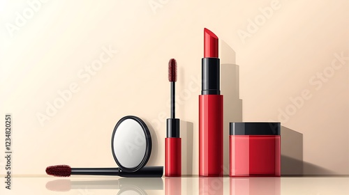 spray bottle red lipstick powder box with mirror mascara brush for online cosmetics store concept of applying makeup templates for blog website advertising photo