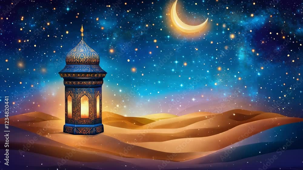 Enchanting Night View of a Decorative Lantern Against a Starry Sky Over Calm Sand Dunes with a Crescent Moon and Sparkling Stars Enchanting Night View of a Decorative Lantern Against a Starry Sky Over Calm Sand Dunes with a Crescent Moon and Sparkling Stars