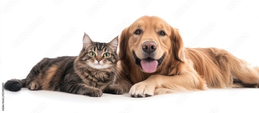 Fototapeta premium Golden Retriever Dog and Tabby Cat Posing Together