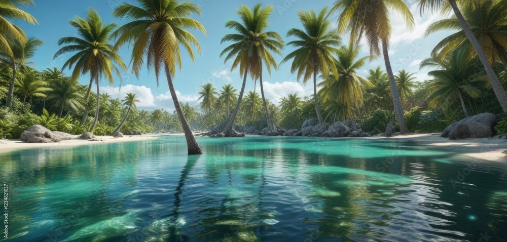 serene tropical lagoon with crystal clear water and swaying palm trees, aquatic, tropical serene tropical lagoon with crystal clear water and swaying palm trees, aquatic, tropical