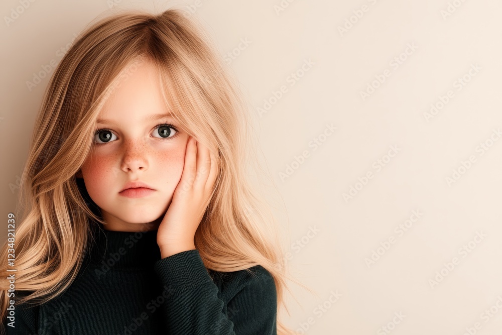 Fototapeta premium Child with long hair looking thoughtfully at the camera against a neutral background in a softly lit setting