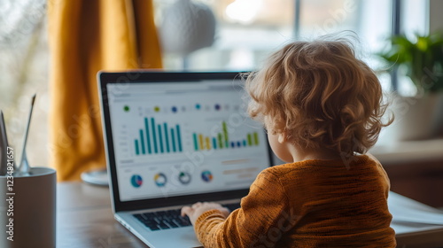 Child with laptop watching data analytics charts, exploring interactive graphs, financial trends,educational course,tutorials,business intelligence, and futuristic technology in a learning environment