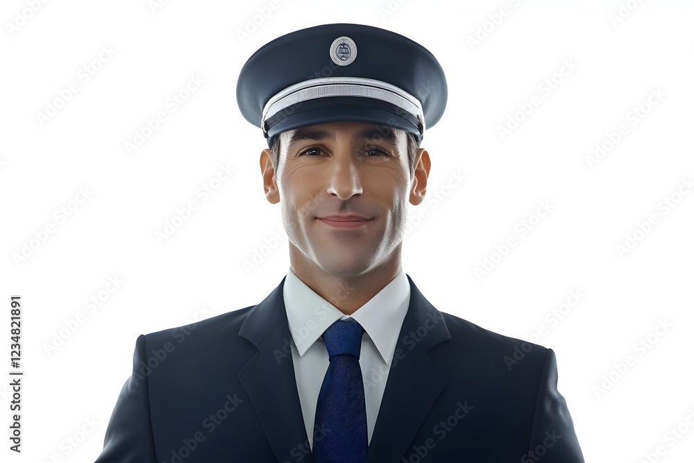 A smiling man in a formal uniform and cap, exuding professionalism and confidence. A smiling man in a formal uniform and cap, exuding professionalism and confidence.