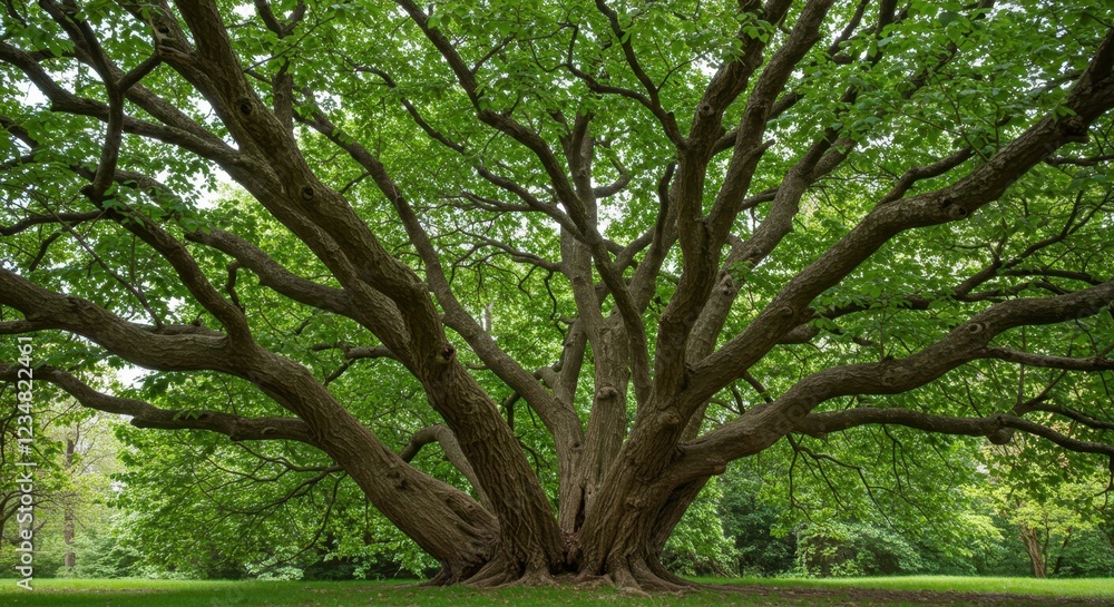 Fototapeta premium Majestic tree with sprawling branches in a lush green park setting