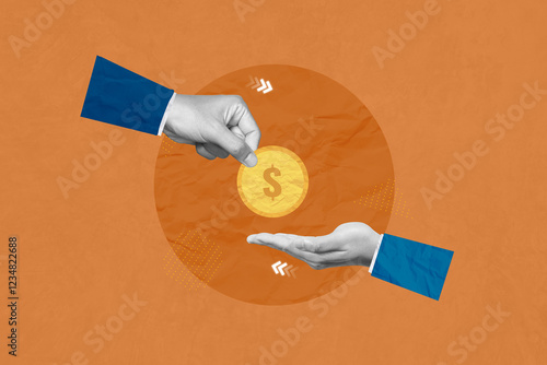 Investment, donate, donation, invest, saving money, profit and savings concept. Creative art collage of hands hold coins and passes it to the other hand indicates business investment