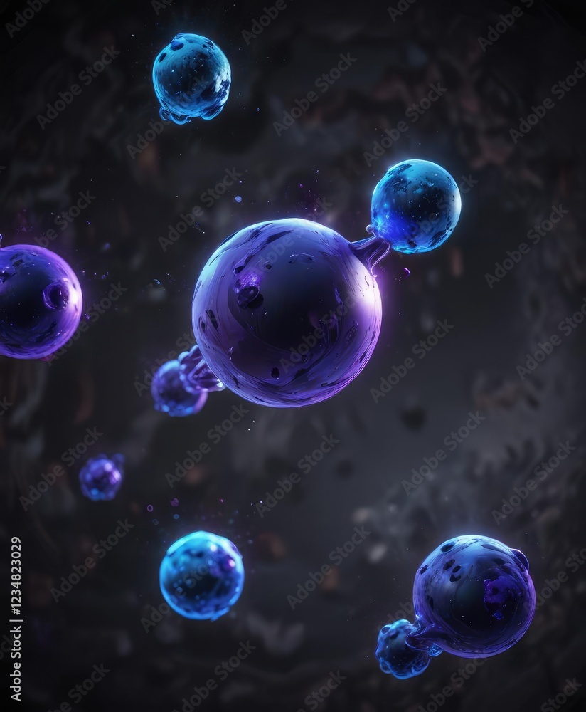 Naklejka premium Purple and blue molecules floating in a dark void on a dark background , invisible matter, void, particles