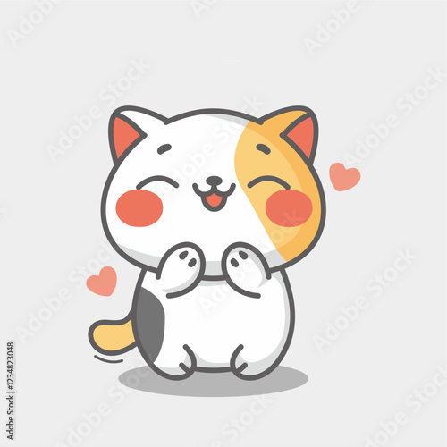 Super Cute Chabi Cat Happy expression. kawaii style vector illustration. White Baby Cat cartoon character. Kids tee print design. Pet Animal Icon in flat cartoon style
