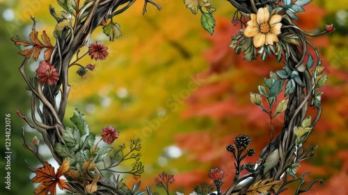 Wreath made of branches and flowers with a yellow center. 4K Video