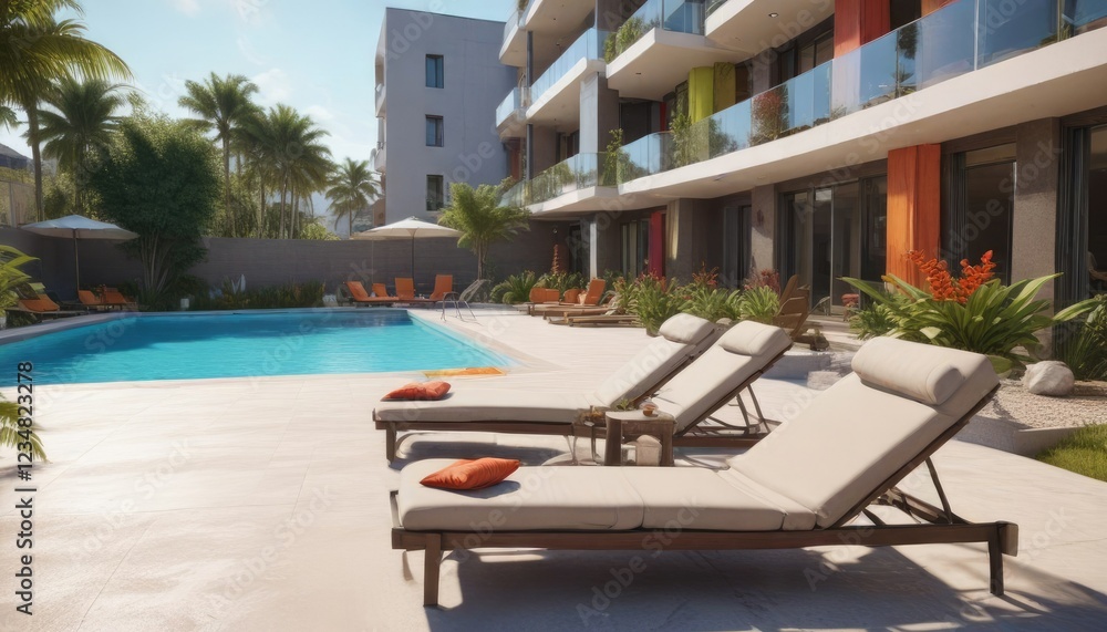 Fototapeta premium pool and sunbathing area of apartment complex , modern, balconies