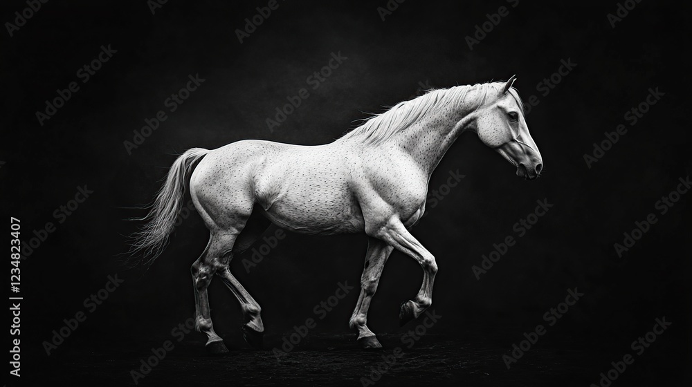Fototapeta premium White horse, walking, dark studio, elegant pose, equine art