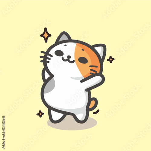 Super Cute Chabi Cat Happy expression. kawaii style vector illustration. White Baby Cat cartoon character. Kids tee print design. Pet Animal Icon in flat cartoon style