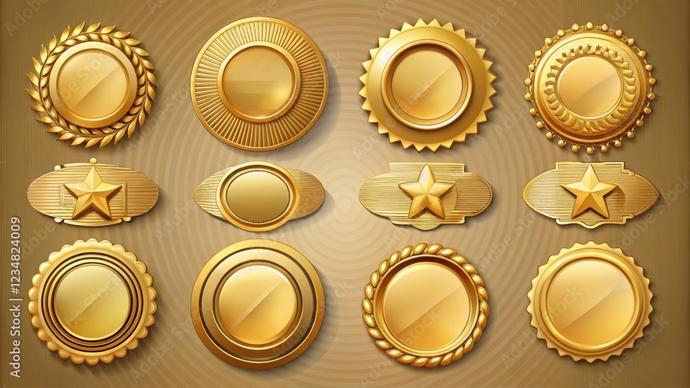 Set of Golden Award Badges with Various Designs and Frames for Graphic Design and Decorations Set of Golden Award Badges with Various Designs and Frames for Graphic Design and Decorations