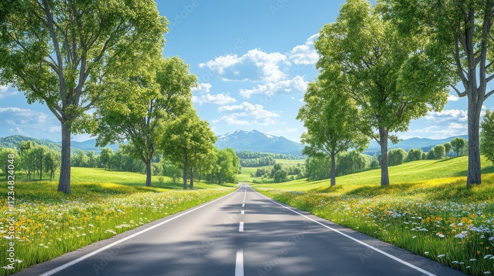 Fototapeta premium Scenic Spring Road Trip through Blooming Meadows