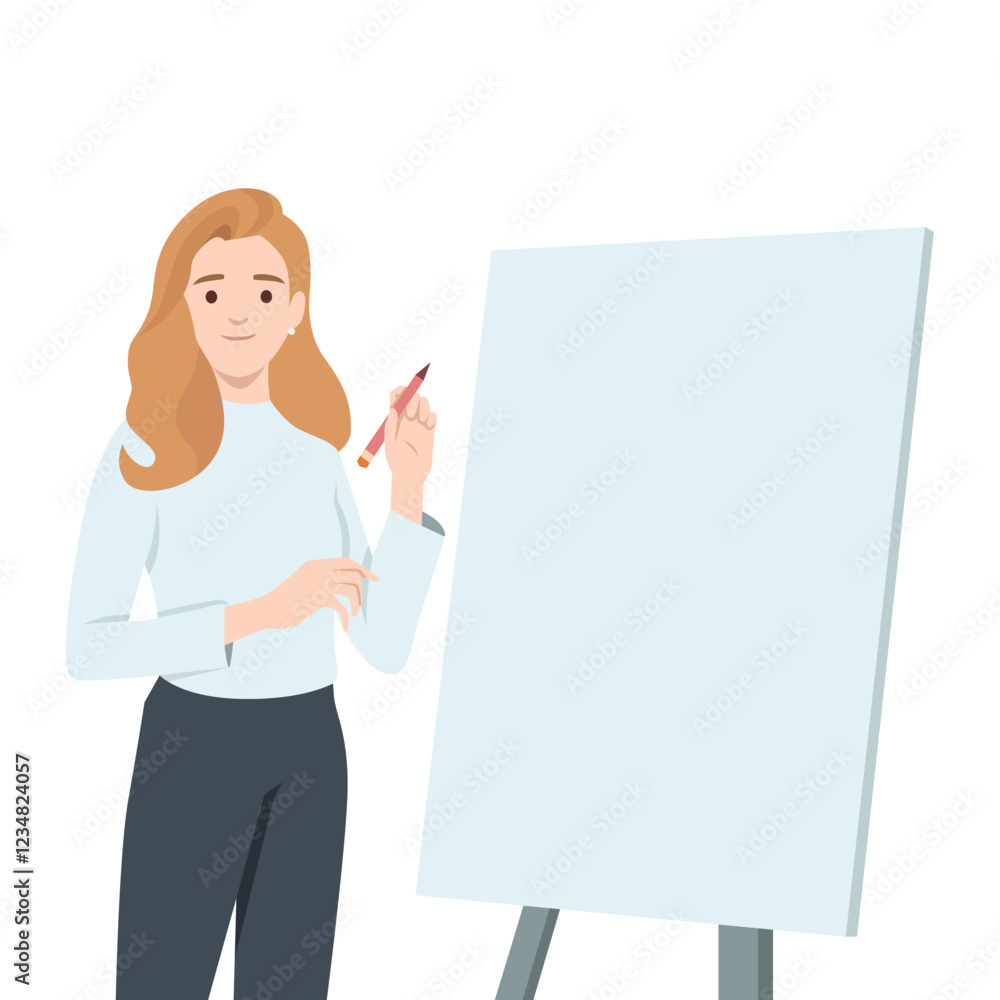 Confident woman holding a marker, standing next to a blank presentation board. Flat vector illustration isolated on white background Confident woman holding a marker, standing next to a blank presentation board. Flat vector illustration isolated on white background