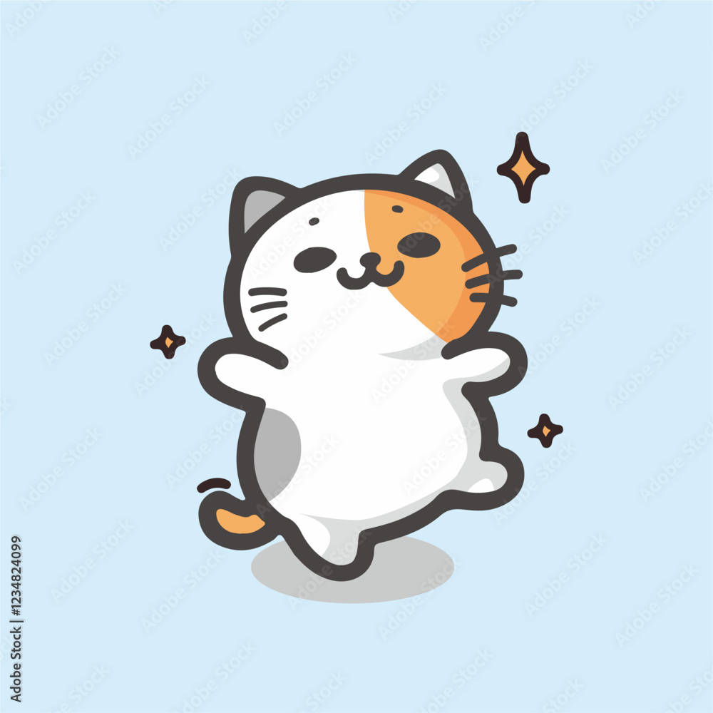 Fototapeta premium Super Cute Chabi calico Cat Happy dance expression. kawaii style vector illustration. White Baby Cat cartoon character. Kids tee print design. Pet Animal Icon in flat cartoon style