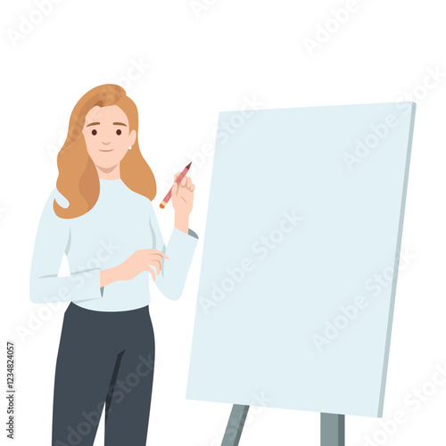 Confident woman holding a marker, standing next to a blank presentation board. Flat vector illustration isolated on white background