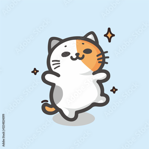 Super Cute Chabi calico Cat Happy dance expression. kawaii style vector illustration. White Baby Cat cartoon character. Kids tee print design. Pet Animal Icon in flat cartoon style