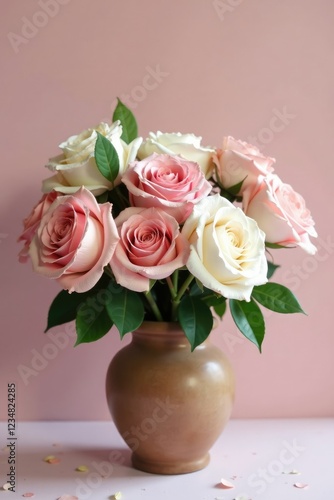 Pastel pink and white rose bouquet in a vintage wooden vase, pastel, pink, arrangement