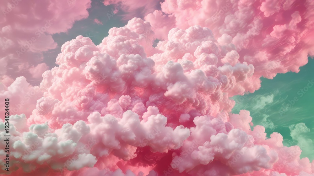 Fototapeta premium Pastel pink and green swirling clouds on a bright pink background , abstract, green, serene