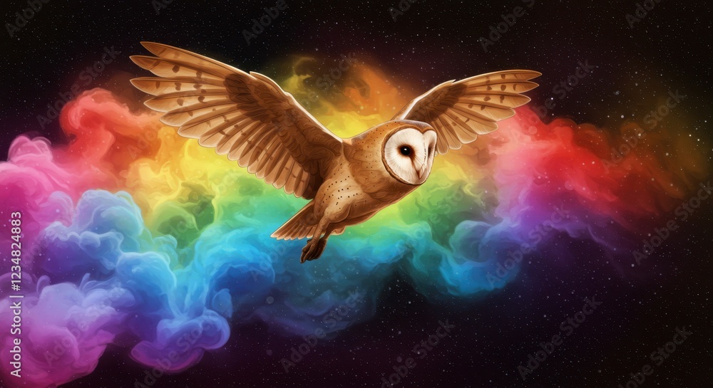 Fototapeta premium Colorful owl soaring through a cosmic rainbow cloud backdrop