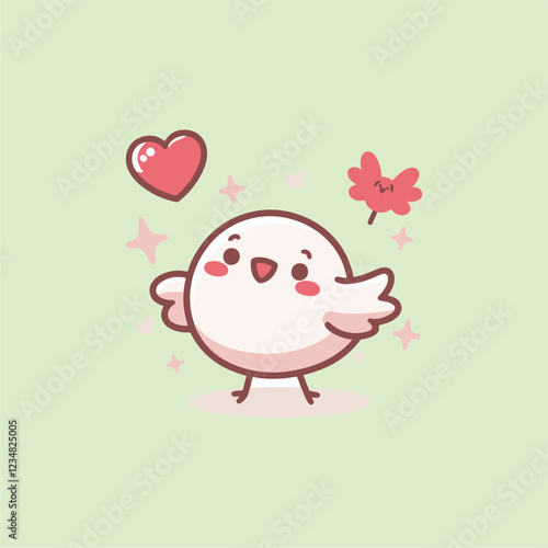 Super Cute Chabi White bird Happy expression. kawaii style. Kids tee print design. Pet Animal Icon in flat cartoon style